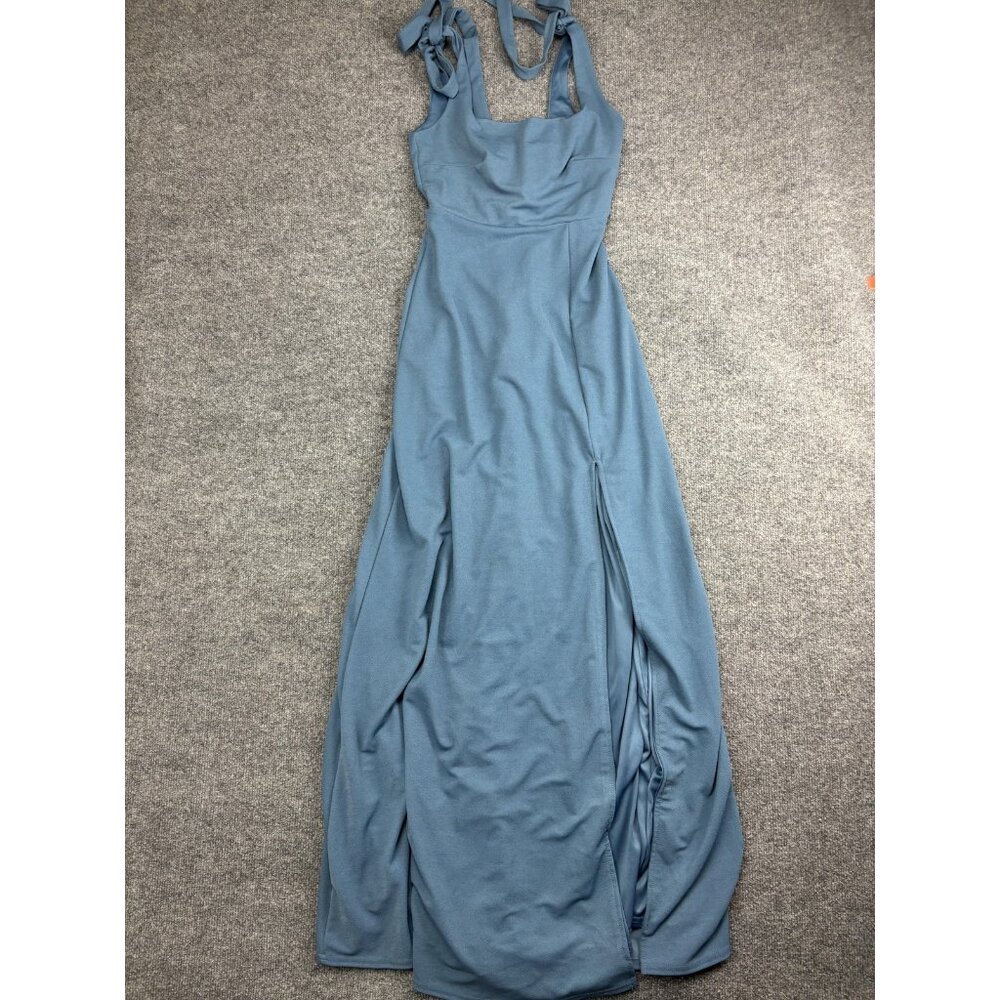 Birdy Grey Dress Womens XS Blue Maxi Bridesmaid Tie Shoulder Slit Formal
